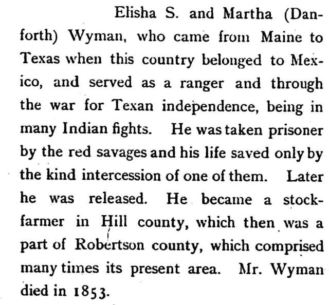 Thomas and Susana's son Elisha Wyman (1811 - 1853) was a pioneer of Texas. 